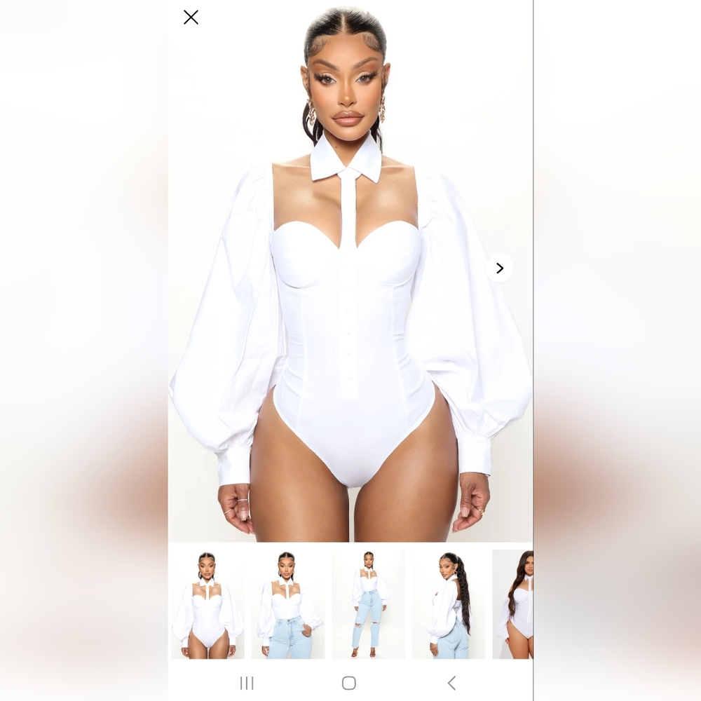 Fashion Nova Down To Business White Poplin Puff Long Sleeve Bodysuit